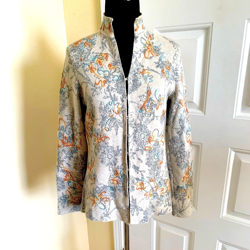 Sigrid Olsen Gray Coral And Blue Embroidered And Beaded Knit Sweater Size XS